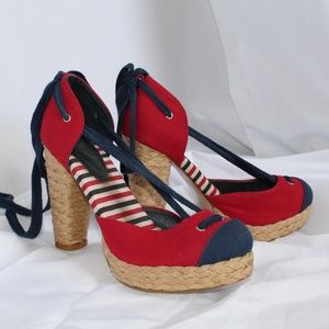 Red White & Blue Espadrille Lace Up Heels